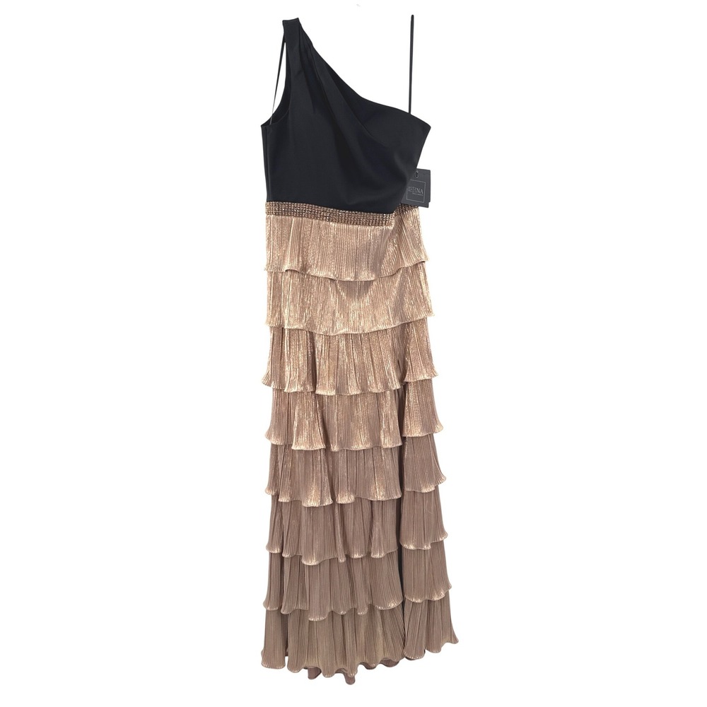 Ieena Mac Duggal Gown Womens 10 Black Gold‎ 26541 Tiered Pleated Dress READ